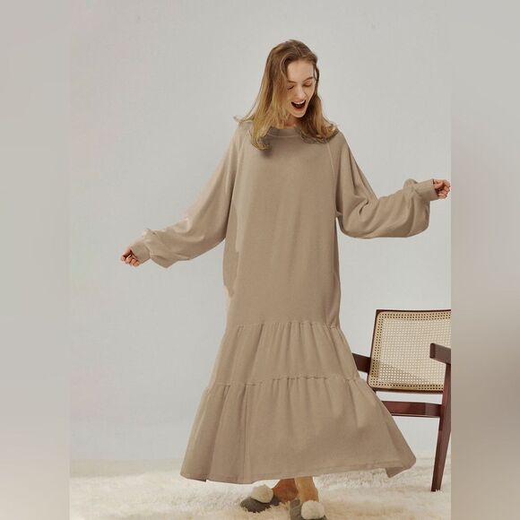 Nap Loungewear Tan Casual Tiered Long Sleeve Maxi Dress Women’s Size Small NWT - Picture 1 of 11
